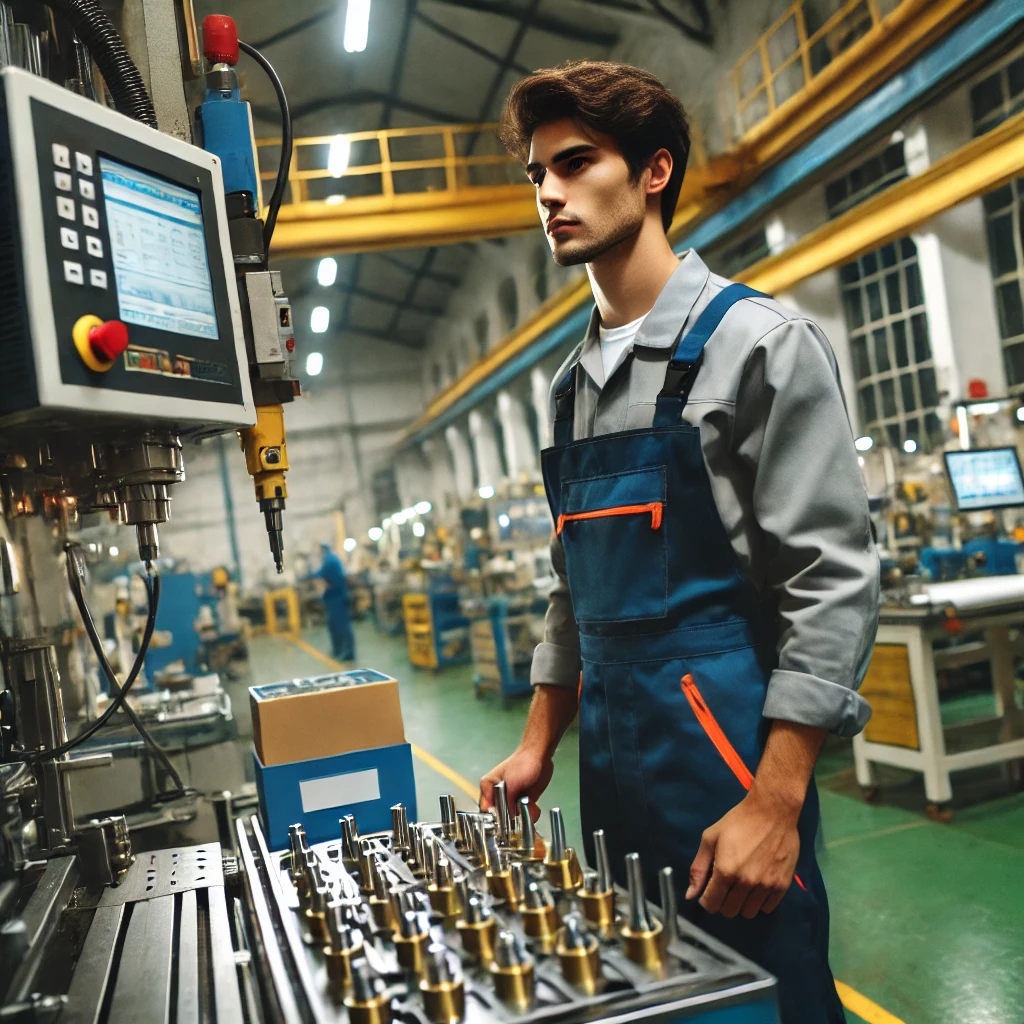 DALL·E 2025-01-17 21.56.25 – A professional factory worker in a manufacturing plant, wearing protective gear, standing at a production line, surrounded by machines and tools, focu DALL·E 2025-01-17 21.56.25 - A professional factory worker in a manufacturing plant, wearing protective gear, standing at a production line, surrounded by machines and tools, focu