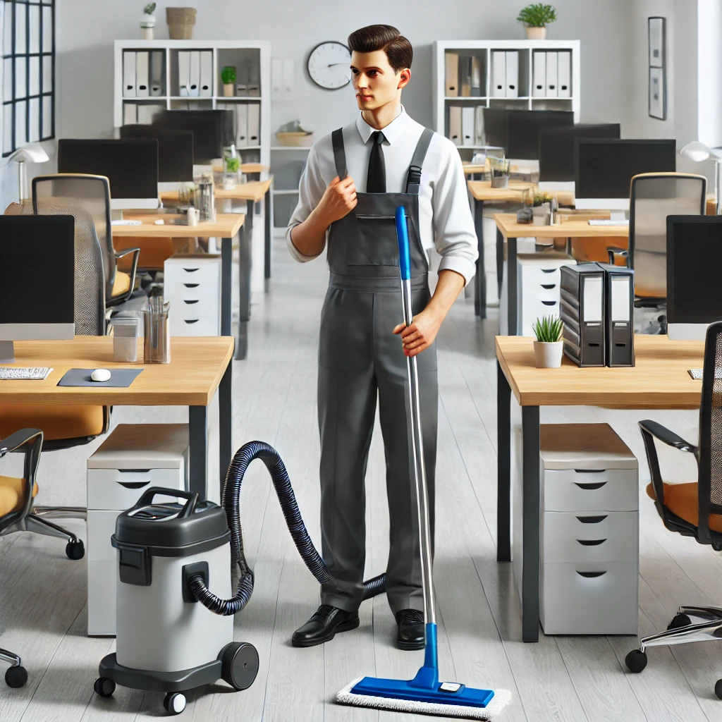 DALL·E 2025-01-18 10.47.41 – An office cleaner in a professional uniform, holding cleaning tools such as a vacuum or mop, cleaning an organized office space with desks, computers, DALL·E 2025-01-18 10.47.41 - An office cleaner in a professional uniform, holding cleaning tools such as a vacuum or mop, cleaning an organized office space with desks, computers,